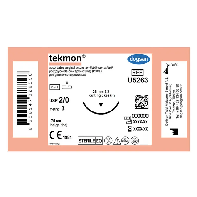 Doğsan Tekmon Bej 2/0 26 3/8 Keskin(▼) 75cm PGCL Emilebilir Sütür  photo