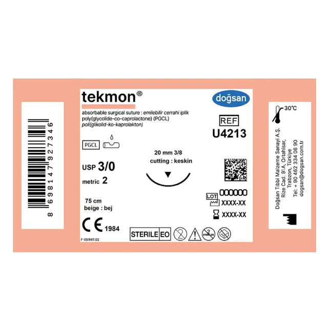 Doğsan Tekmon Bej 3/0 20 3/8 Keskin(▼) 75cm PGCL Emilebilir Sütür  photo