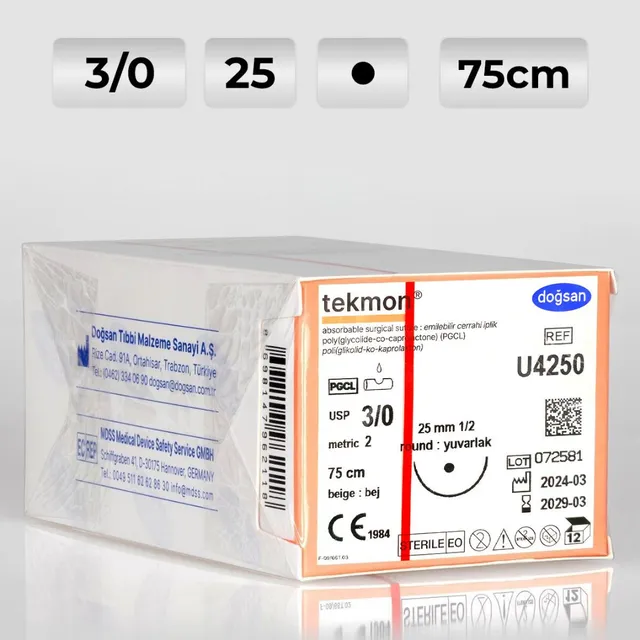 Doğsan Tekmon Bej 3/0 25 3/8 PL(▼) 75cm PGCL Emilebilir Sütür  photo