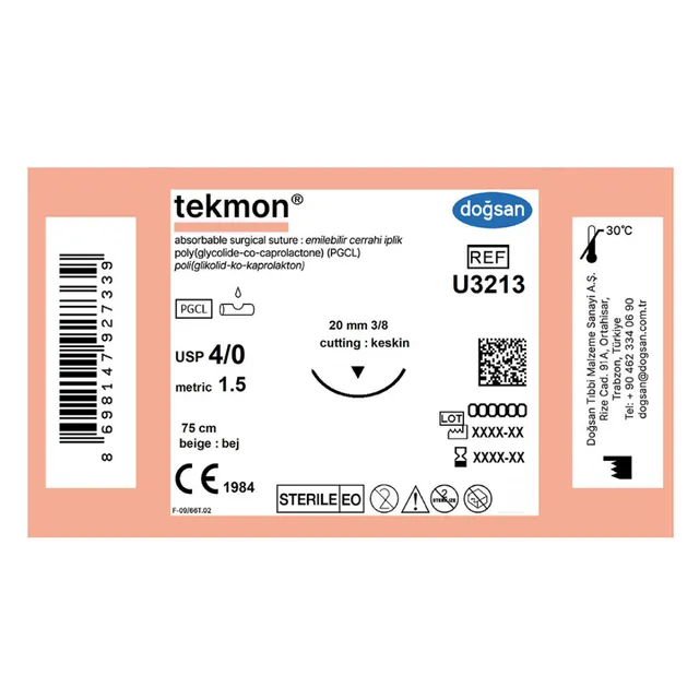 Doğsan Tekmon Bej 4/0 16 3/8 Keskin(▼) 75cm PGCL Emilebilir Sütür  photo