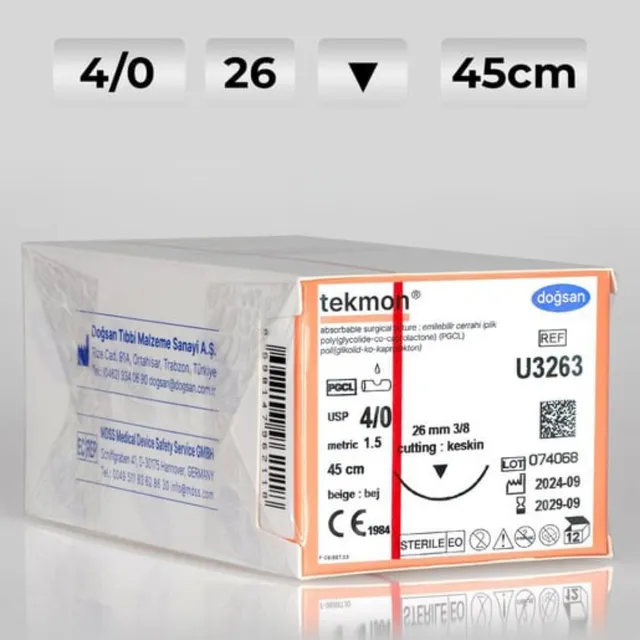 Doğsan Tekmon Bej 4/0 26 3/8 Keskin(▼) 45cm PGCL Emilebilir Sütür photo