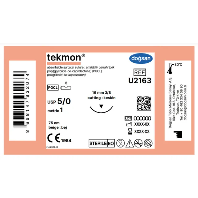 Doğsan Tekmon Bej 5/0 16 3/8 Keskin(▼) 75cm PGCL Emilebilir Sütür  photo